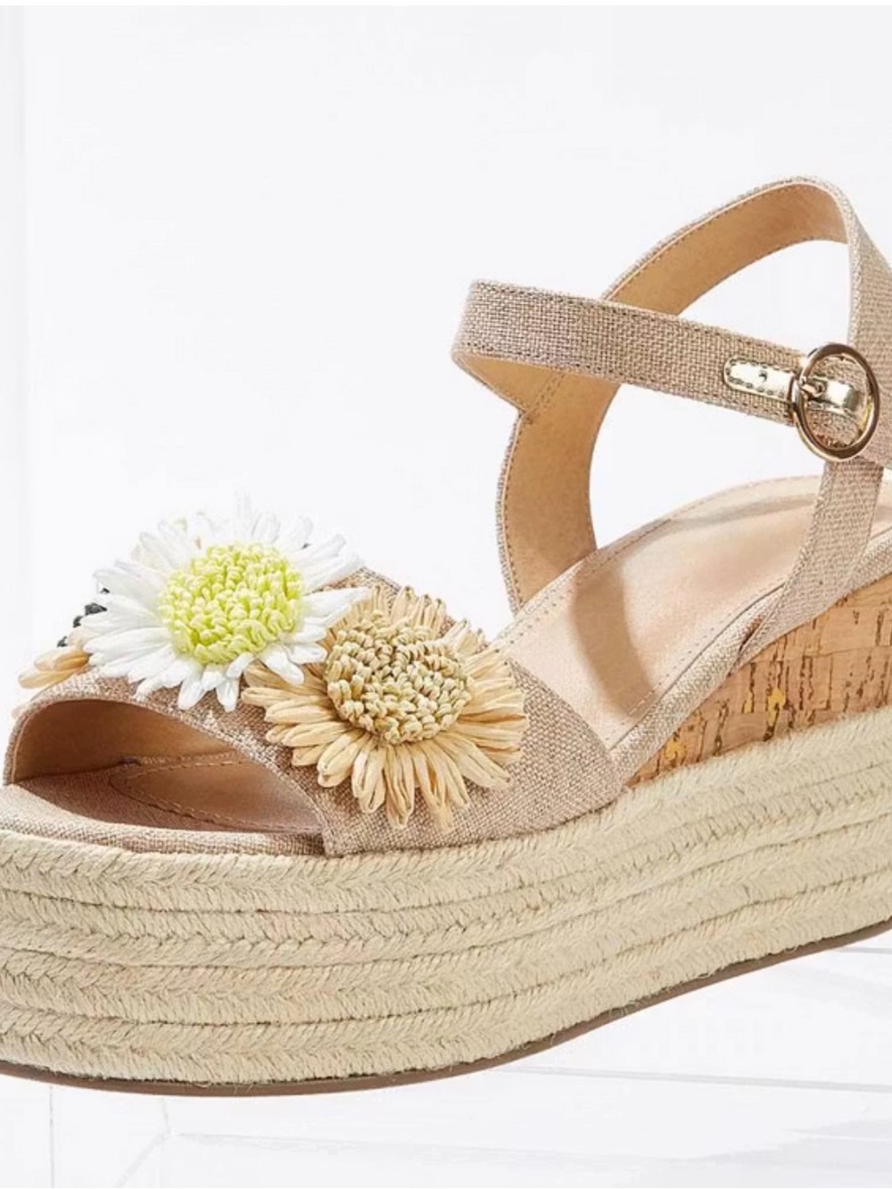 Beige Floral Espadrille Platform Wedge Sandals with Ankle Strap